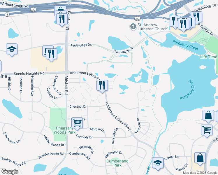 map of restaurants, bars, coffee shops, grocery stores, and more near 13997 Anderson Lakes Parkway in Eden Prairie