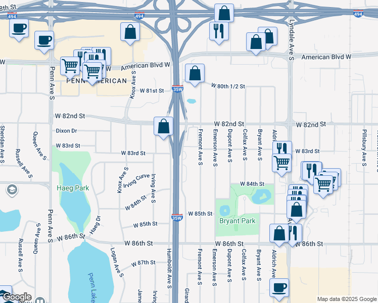 map of restaurants, bars, coffee shops, grocery stores, and more near 8300 Fremont Avenue South in Minneapolis