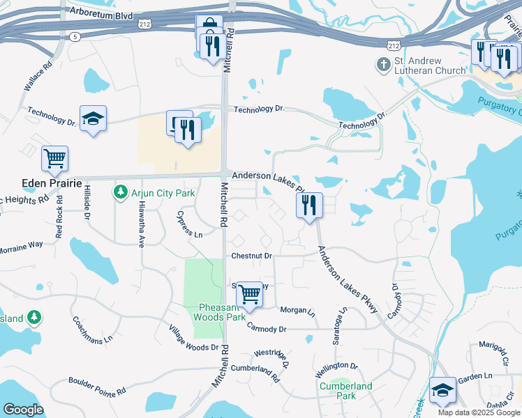 map of restaurants, bars, coffee shops, grocery stores, and more near 14349 Raymond Lane in Eden Prairie