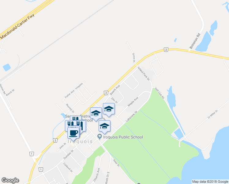 map of restaurants, bars, coffee shops, grocery stores, and more near 28 Beach Avenue in Iroquois