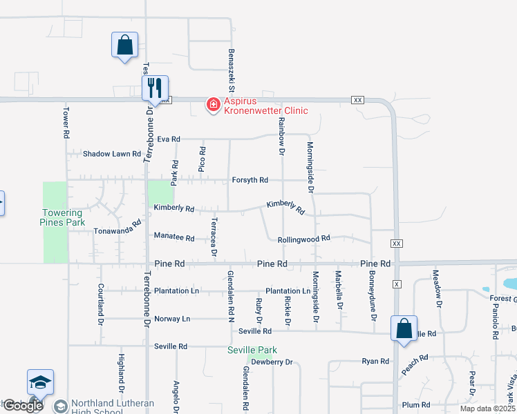 map of restaurants, bars, coffee shops, grocery stores, and more near 1930 Kimberly Road in Mosinee