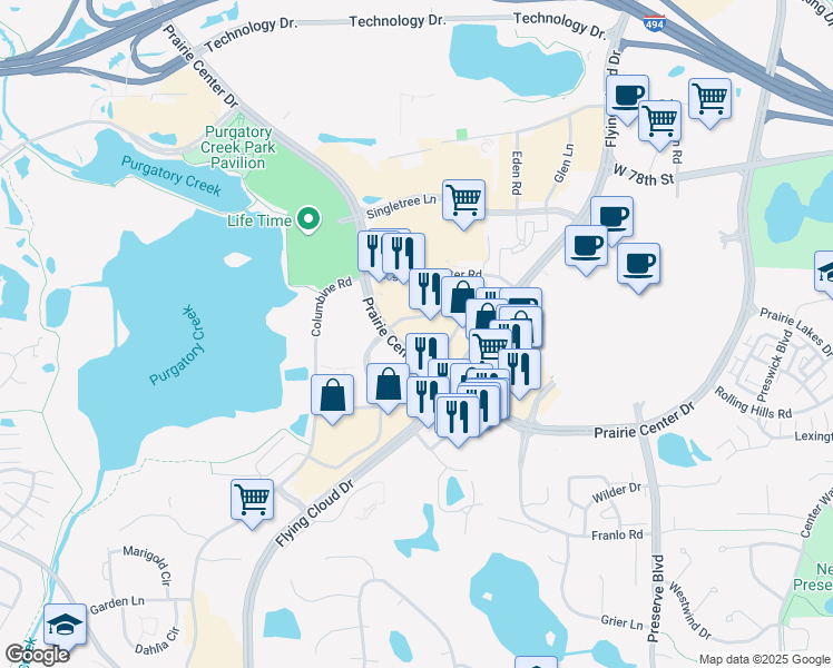 map of restaurants, bars, coffee shops, grocery stores, and more near 8353 Crystal View Road in Eden Prairie