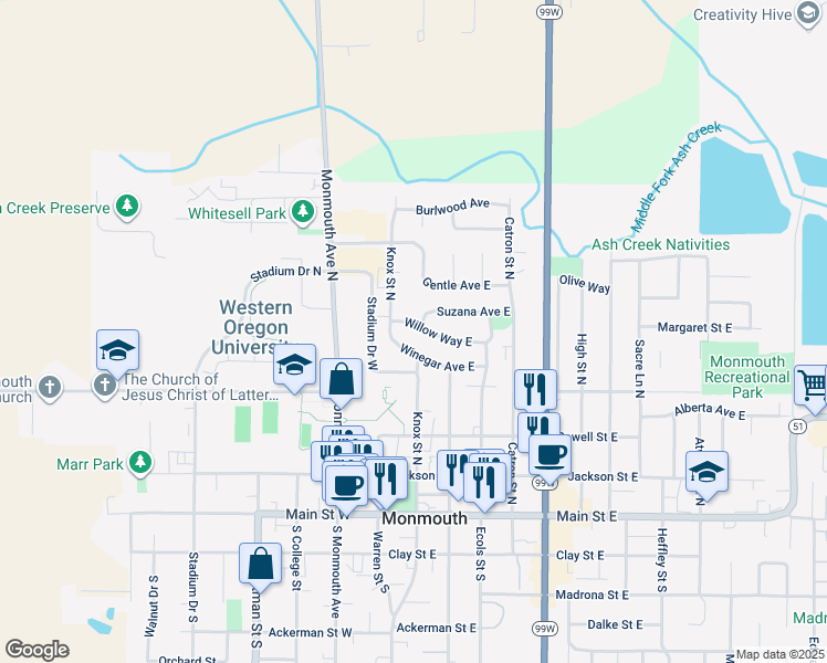 map of restaurants, bars, coffee shops, grocery stores, and more near 236 Winegar Avenue East in Monmouth
