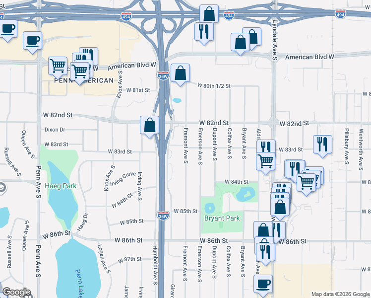 map of restaurants, bars, coffee shops, grocery stores, and more near 8315 Fremont Avenue South in Minneapolis