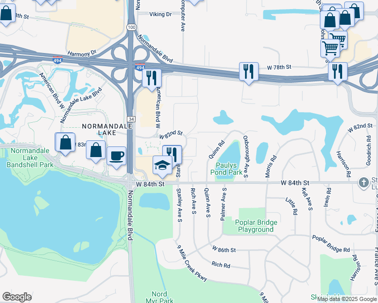 map of restaurants, bars, coffee shops, grocery stores, and more near 8301 Stanley Road in Bloomington