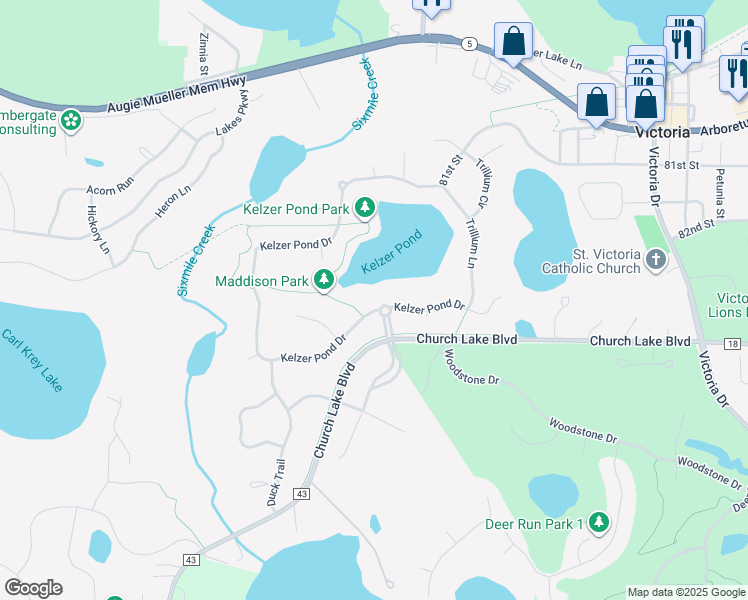 map of restaurants, bars, coffee shops, grocery stores, and more near 8495 Kelzer Pond Drive in Victoria