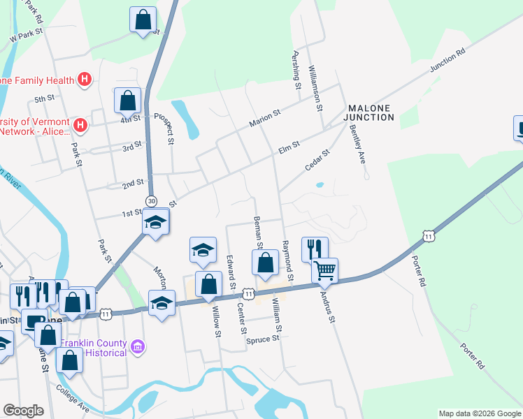 map of restaurants, bars, coffee shops, grocery stores, and more near 7 Roby St in Malone