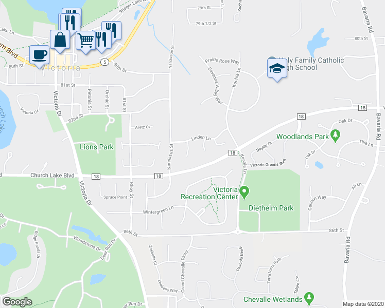map of restaurants, bars, coffee shops, grocery stores, and more near 8341 River Birch Court in Victoria