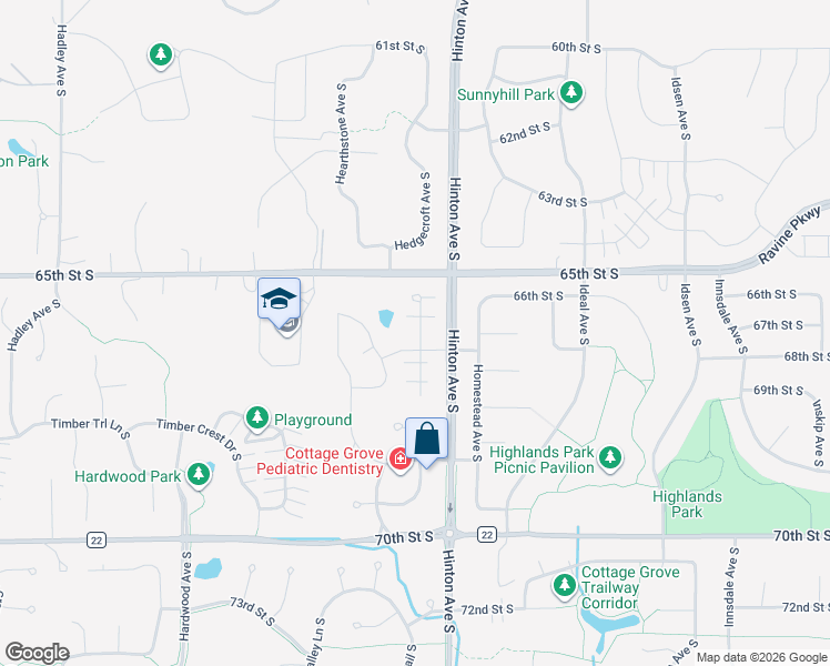 map of restaurants, bars, coffee shops, grocery stores, and more near 6696 Homestead Avenue South in Cottage Grove