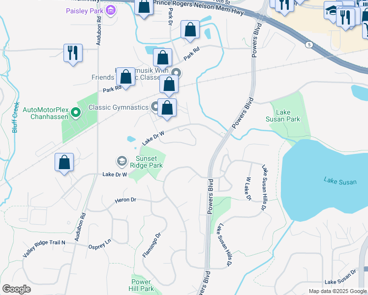 map of restaurants, bars, coffee shops, grocery stores, and more near 1341 Lake Drive West in Chanhassen