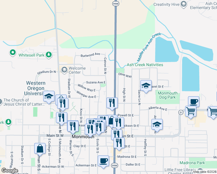 map of restaurants, bars, coffee shops, grocery stores, and more near 501 Catron Street North in Monmouth