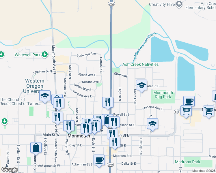 map of restaurants, bars, coffee shops, grocery stores, and more near 501 Catron Street North in Monmouth