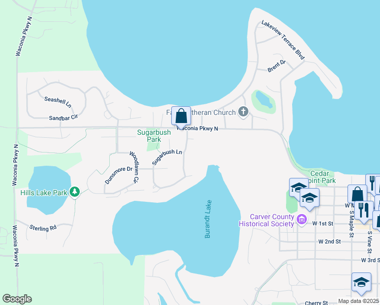map of restaurants, bars, coffee shops, grocery stores, and more near 1050 Sugarbush Lane in Waconia