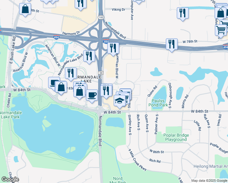map of restaurants, bars, coffee shops, grocery stores, and more near 5255 West 82nd Street in Bloomington