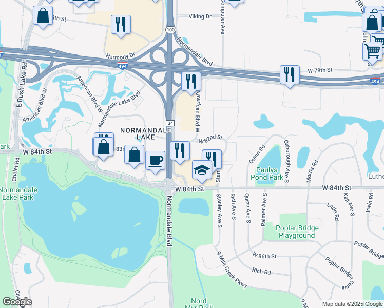 map of restaurants, bars, coffee shops, grocery stores, and more near Unnamed Road in Bloomington
