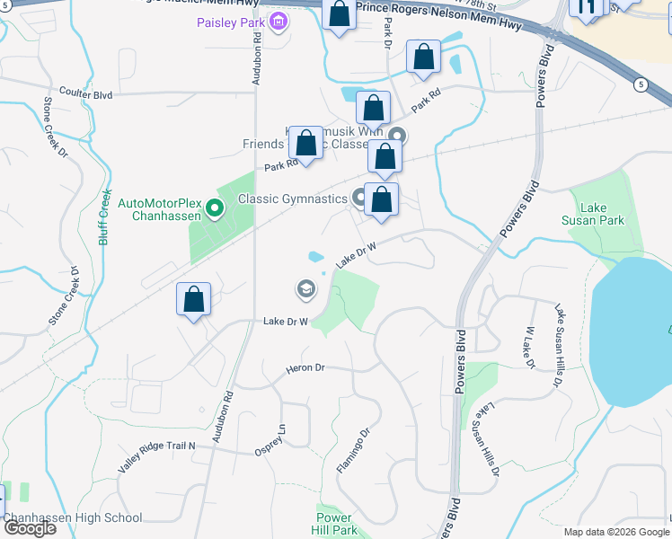 map of restaurants, bars, coffee shops, grocery stores, and more near 1371 Lake Drive West in Chanhassen