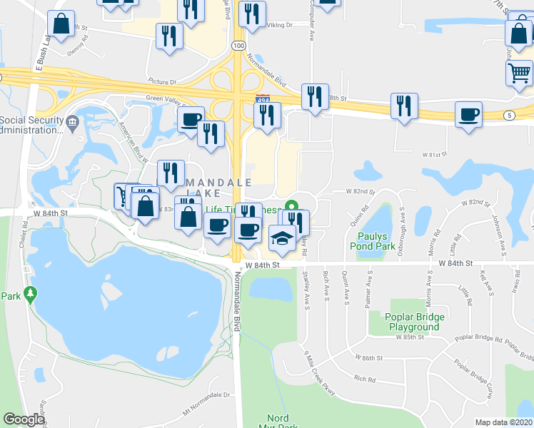 map of restaurants, bars, coffee shops, grocery stores, and more near 5277 West 82nd Street in Bloomington
