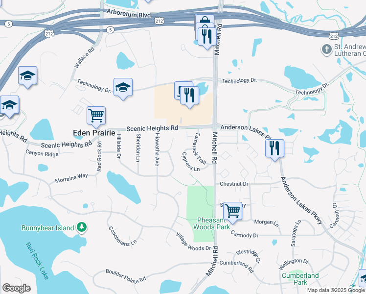 map of restaurants, bars, coffee shops, grocery stores, and more near 8258 Cypress Lane in Eden Prairie