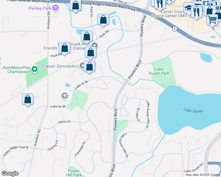 map of restaurants, bars, coffee shops, grocery stores, and more near 1321 Lake Drive West in Chanhassen