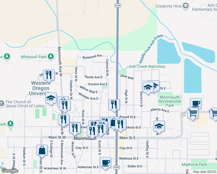 map of restaurants, bars, coffee shops, grocery stores, and more near 572 Catron Street North in Monmouth