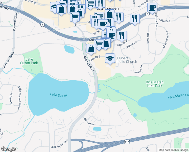 map of restaurants, bars, coffee shops, grocery stores, and more near 8260 Market Boulevard in Chanhassen