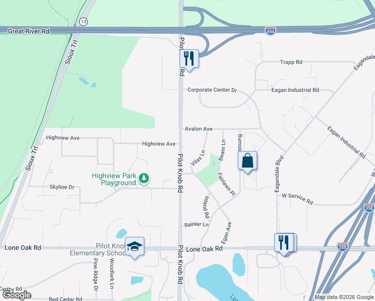 map of restaurants, bars, coffee shops, grocery stores, and more near 2820 Pilot Knob Road in Eagan