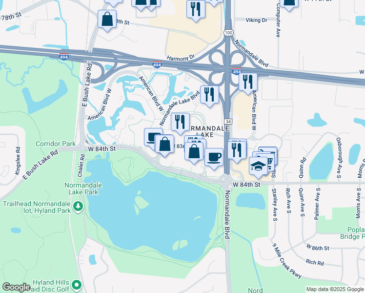 map of restaurants, bars, coffee shops, grocery stores, and more near 5600 West 83rd Street in Bloomington