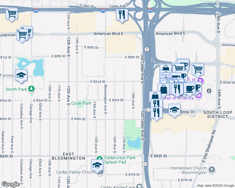 map of restaurants, bars, coffee shops, grocery stores, and more near 8214 16th Avenue South in Bloomington