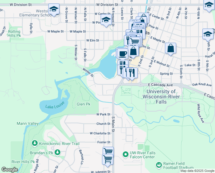 map of restaurants, bars, coffee shops, grocery stores, and more near 121 West Cascade Avenue in River Falls