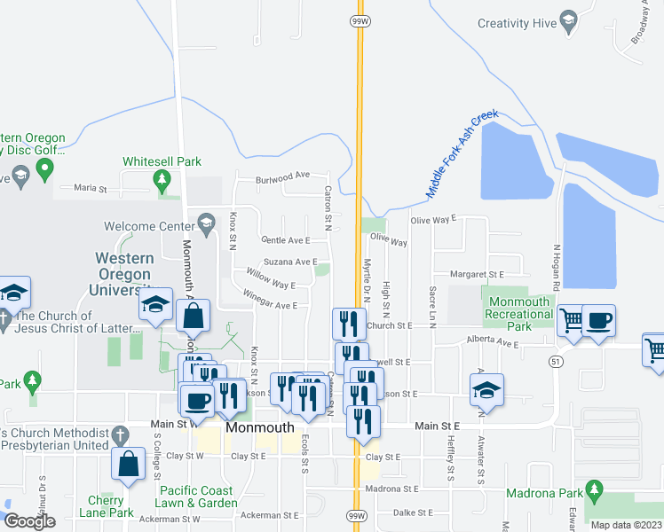 map of restaurants, bars, coffee shops, grocery stores, and more near 541 Catron Street North in Monmouth