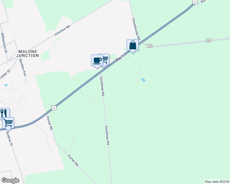 map of restaurants, bars, coffee shops, grocery stores, and more near 3938 U.S. 11 in Malone