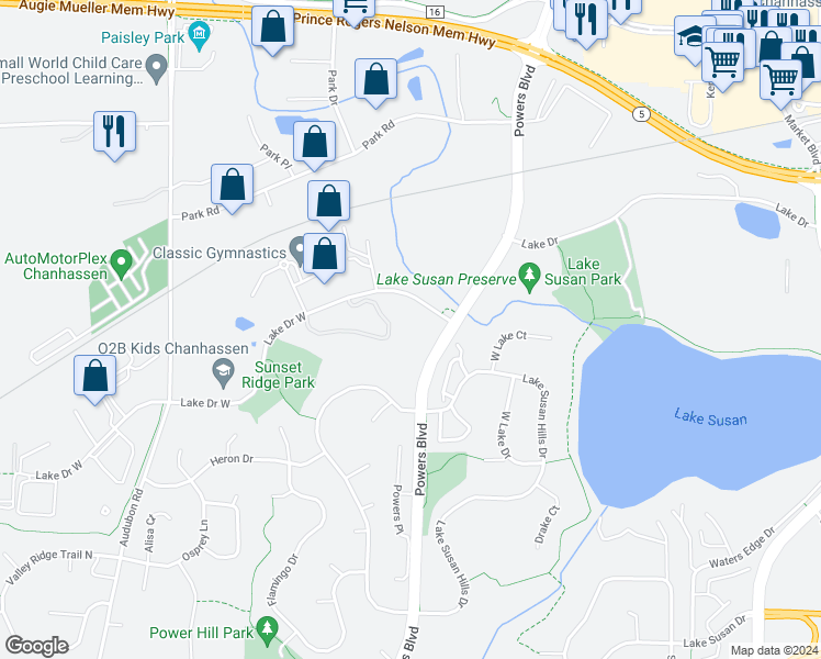 map of restaurants, bars, coffee shops, grocery stores, and more near 1321 Lake Drive West in Chanhassen