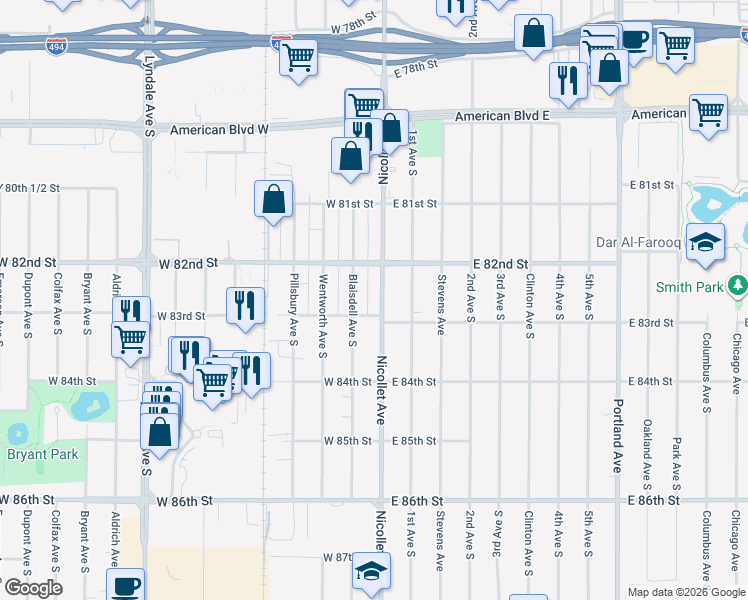 map of restaurants, bars, coffee shops, grocery stores, and more near 8228 Nicollet Avenue in Minneapolis