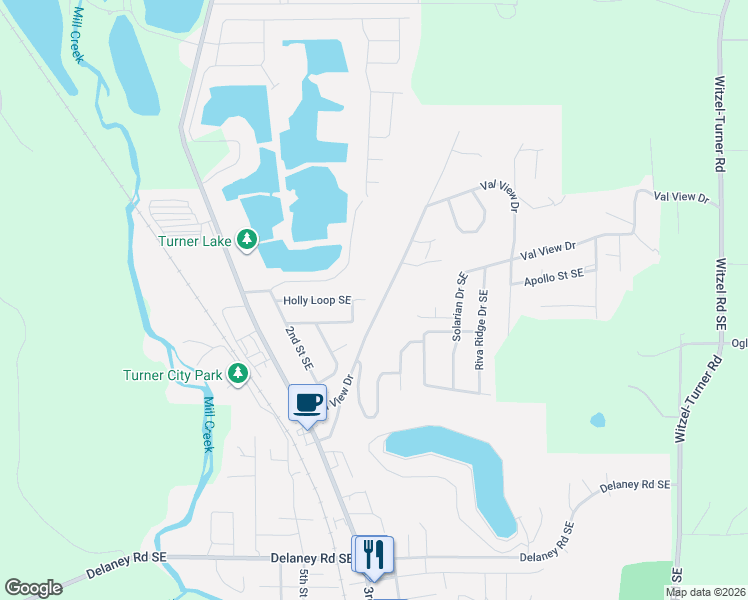 map of restaurants, bars, coffee shops, grocery stores, and more near 5345 Val View Drive in Turner