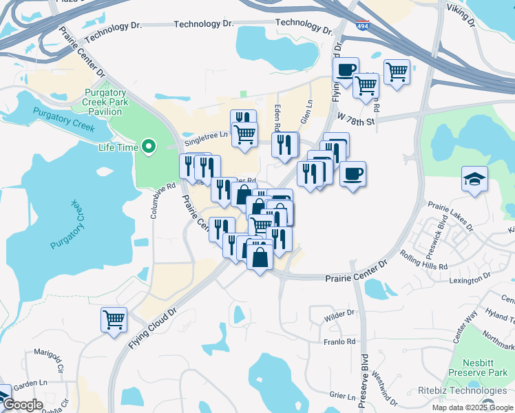 map of restaurants, bars, coffee shops, grocery stores, and more near 8270 Flying Cloud Dr in Eden Prairie