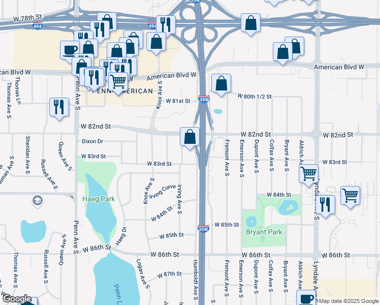 map of restaurants, bars, coffee shops, grocery stores, and more near Interstate 35W in Bloomington
