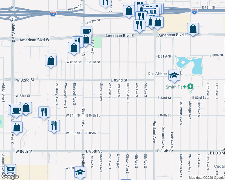 map of restaurants, bars, coffee shops, grocery stores, and more near 8213 2nd Avenue South in Minneapolis
