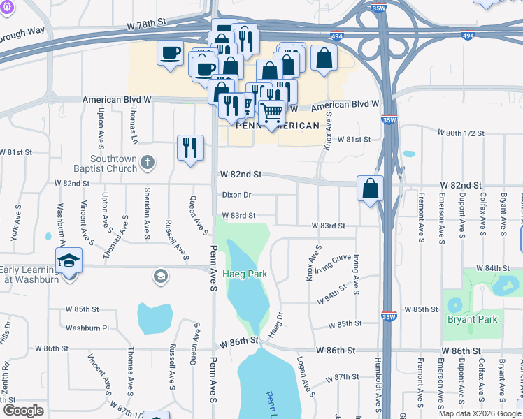map of restaurants, bars, coffee shops, grocery stores, and more near 2025 Dixon Drive in Minneapolis