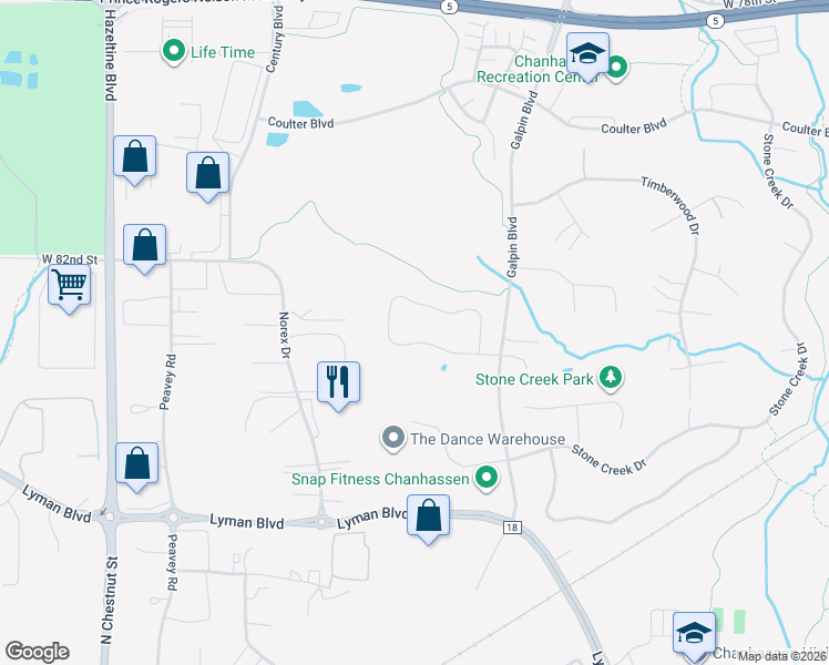 map of restaurants, bars, coffee shops, grocery stores, and more near 2470 Bridle Creek Trail in Chanhassen