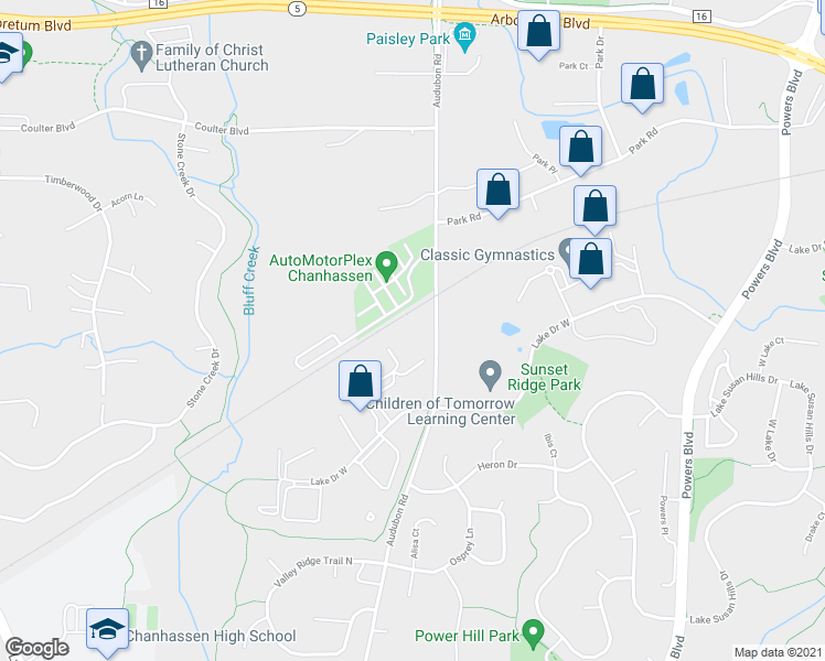 map of restaurants, bars, coffee shops, grocery stores, and more near 8300 Audubon Road in Chanhassen