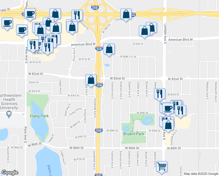 map of restaurants, bars, coffee shops, grocery stores, and more near 1311 West 82nd Street in Minneapolis