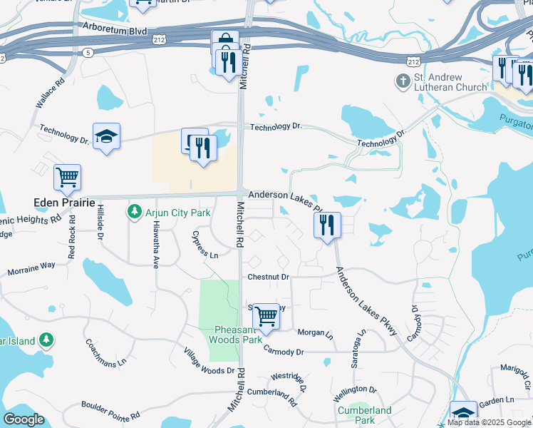 map of restaurants, bars, coffee shops, grocery stores, and more near 14371 Wilson Drive in Eden Prairie