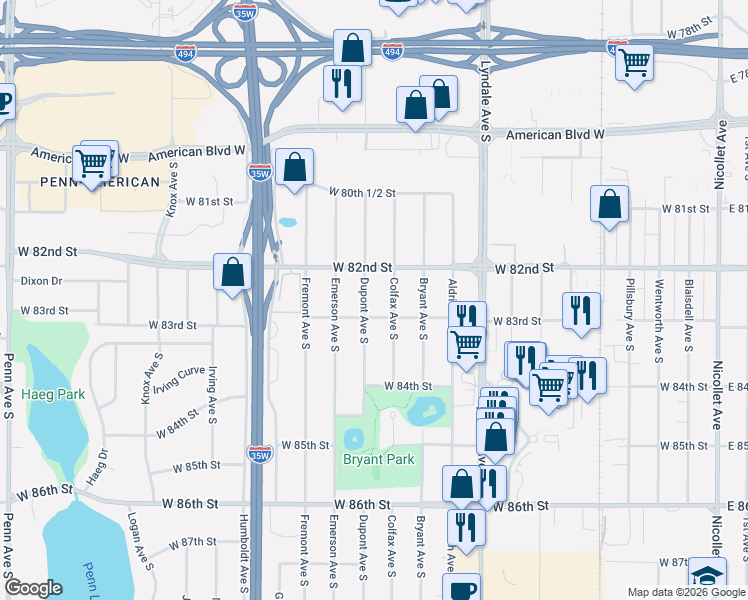 map of restaurants, bars, coffee shops, grocery stores, and more near 8218 Colfax Avenue South in Bloomington
