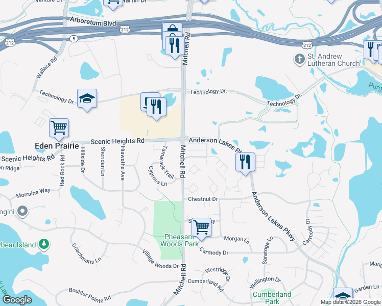 map of restaurants, bars, coffee shops, grocery stores, and more near 14339 Wilson Drive in Eden Prairie