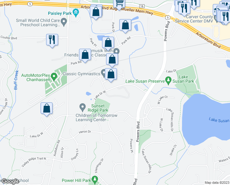 map of restaurants, bars, coffee shops, grocery stores, and more near 1361 Lake Drive in Chanhassen