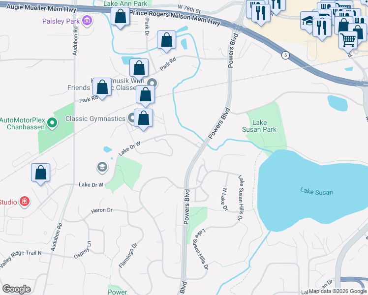 map of restaurants, bars, coffee shops, grocery stores, and more near 1321 Lake Drive West in Chanhassen