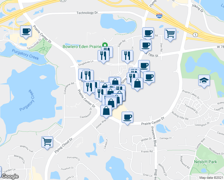 map of restaurants, bars, coffee shops, grocery stores, and more near 8270 Flying Cloud Drive in Eden Prairie