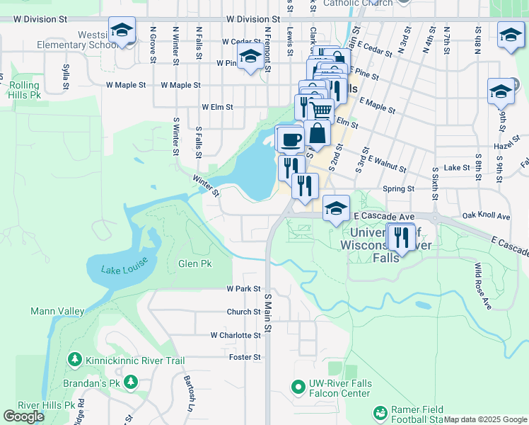 map of restaurants, bars, coffee shops, grocery stores, and more near 121 West Cascade Avenue in River Falls