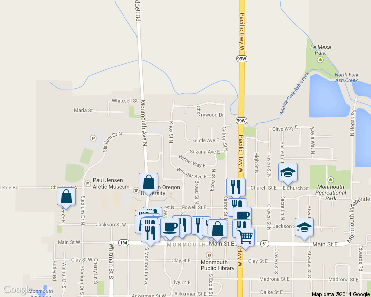 map of restaurants, bars, coffee shops, grocery stores, and more near 198 Suzana Avenue East in Monmouth