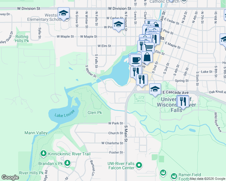 map of restaurants, bars, coffee shops, grocery stores, and more near 205 West Cascade Avenue in River Falls